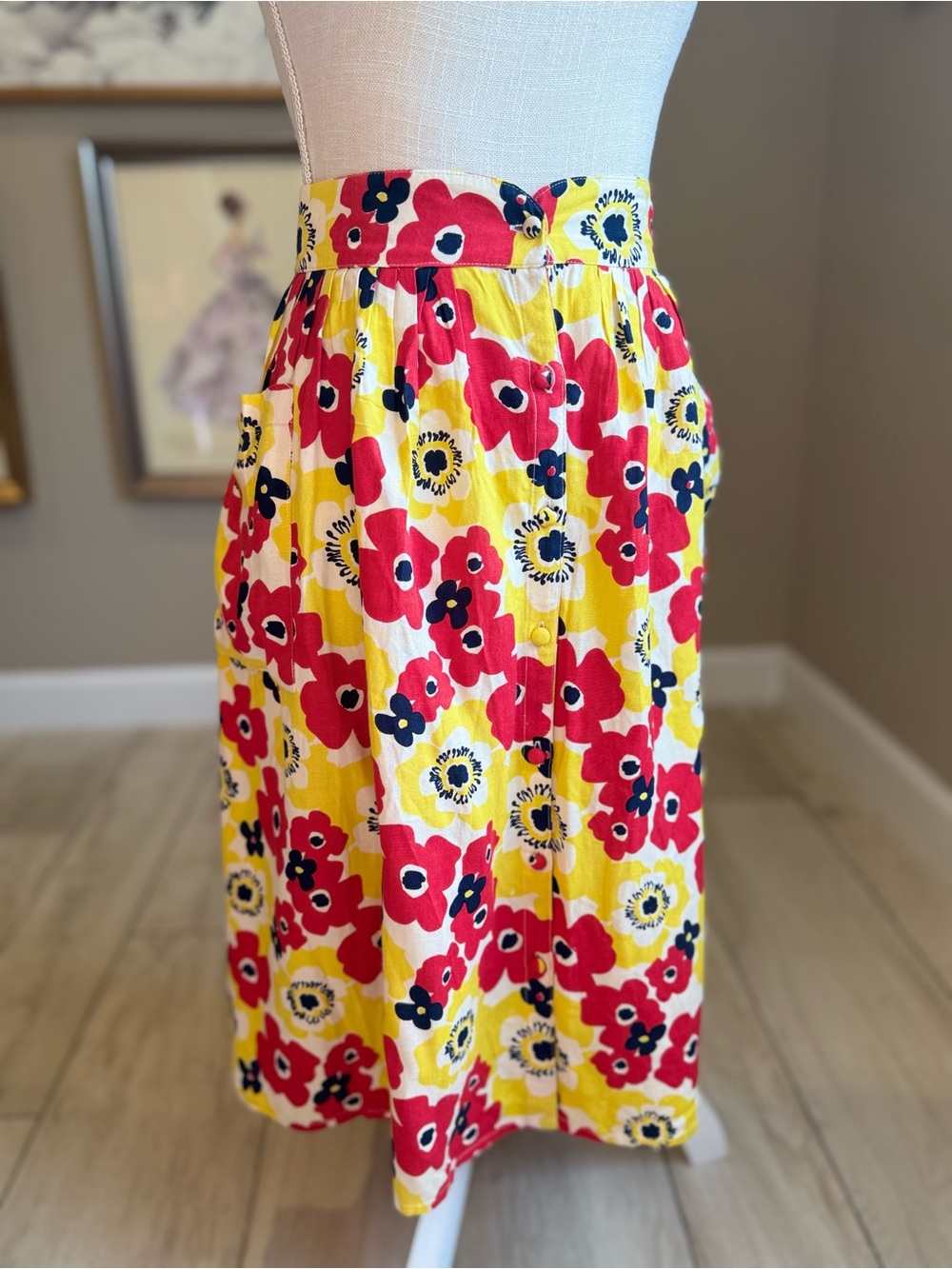 Modcloth Pretty Vacant Yellow and Red Poppy Vintage Inspired Midi Skirt